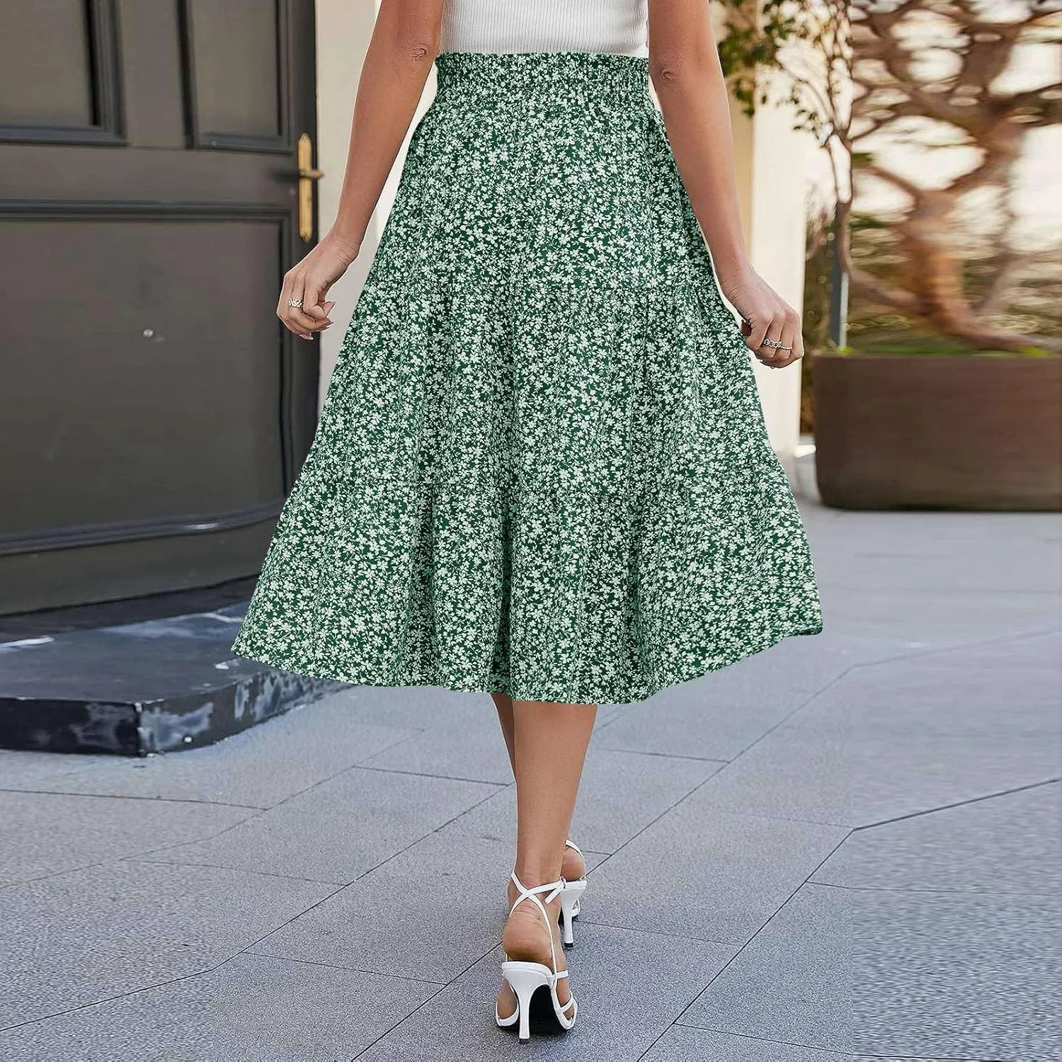 Maxi Skirts for Women Summer Floral Pleated Tiered Boho Flowy Elastic Waist A-Line Spring Beach Vacation Long Skirt