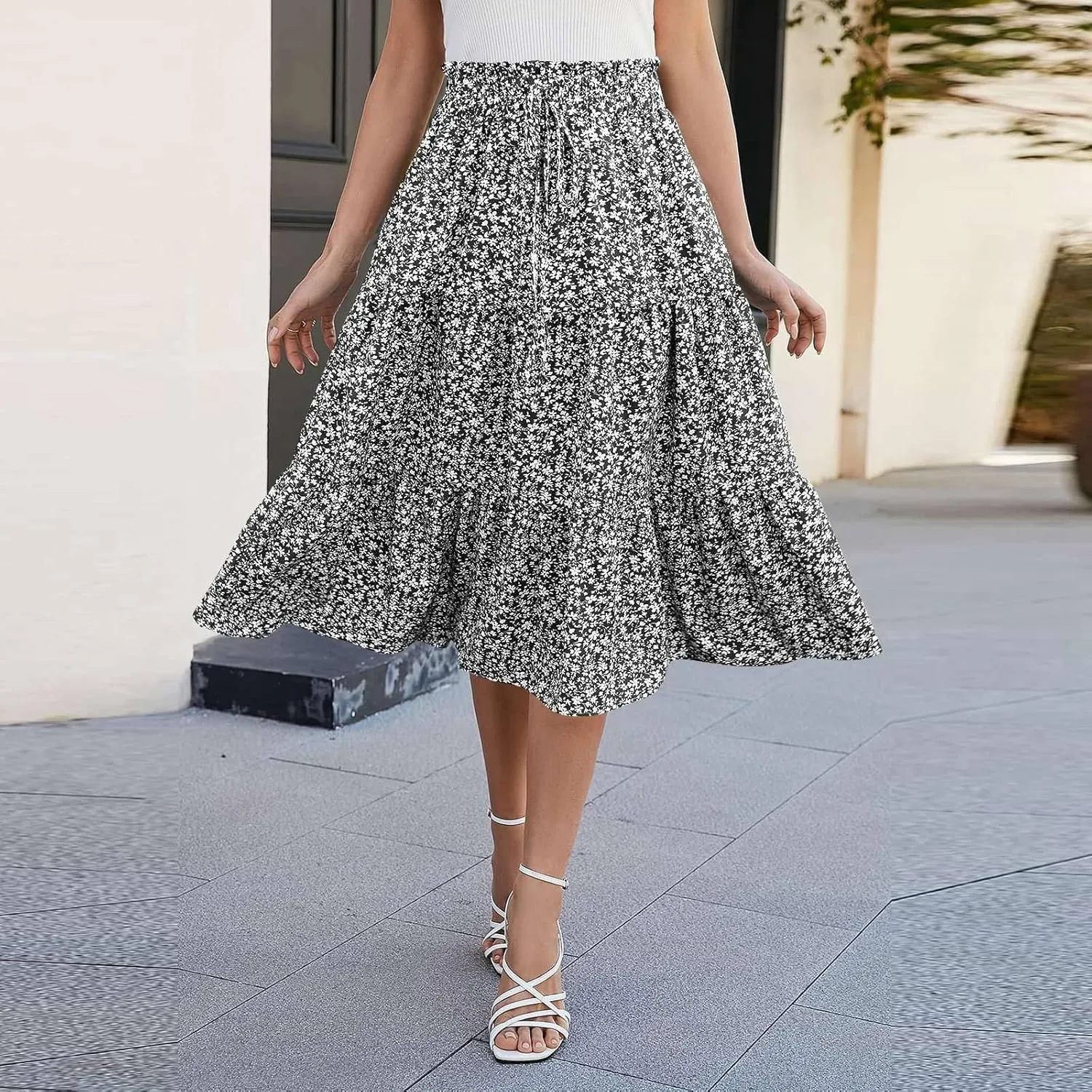Maxi Skirts for Women Summer Floral Pleated Tiered Boho Flowy Elastic Waist A-Line Spring Beach Vacation Long Skirt