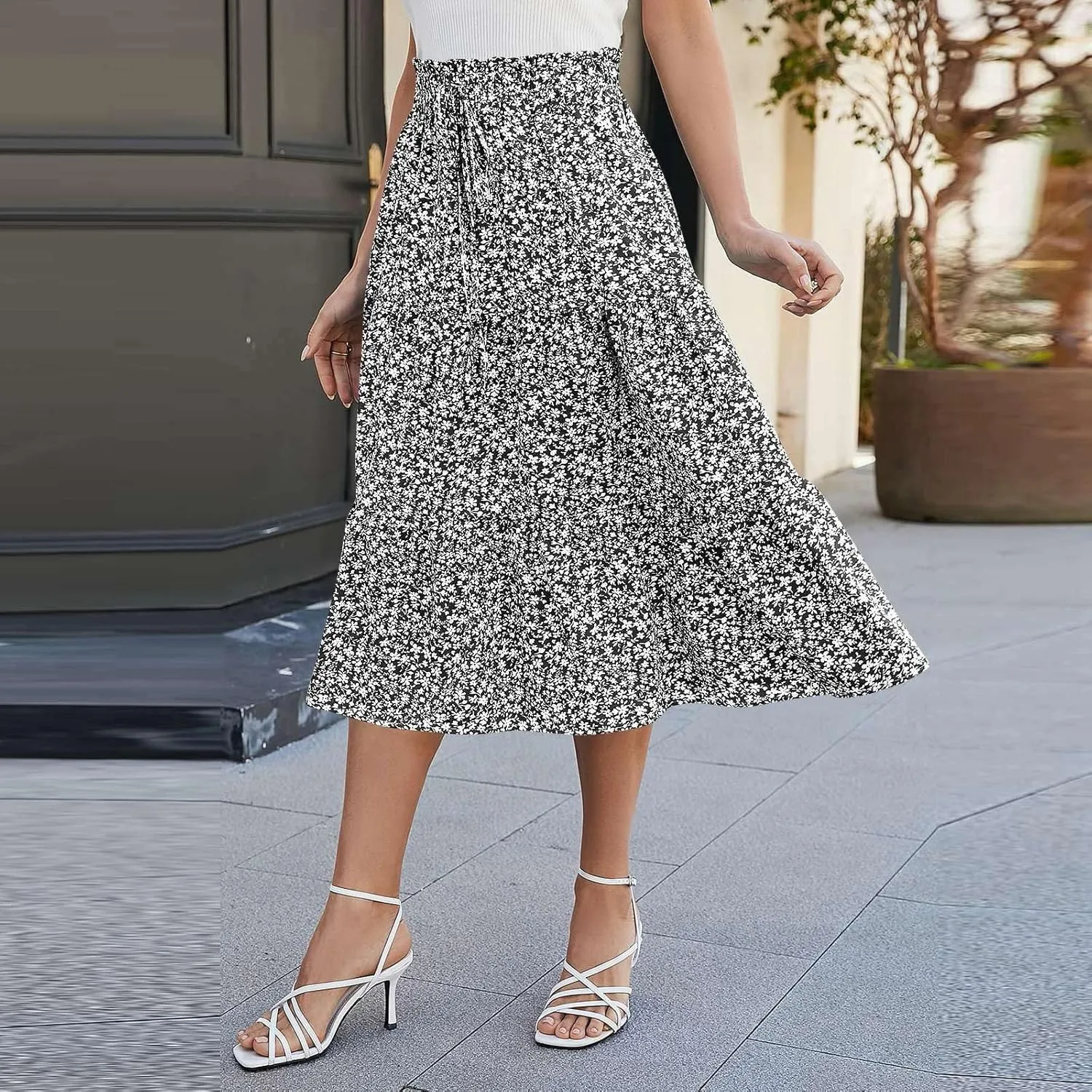 Maxi Skirts for Women Summer Floral Pleated Tiered Boho Flowy Elastic Waist A-Line Spring Beach Vacation Long Skirt