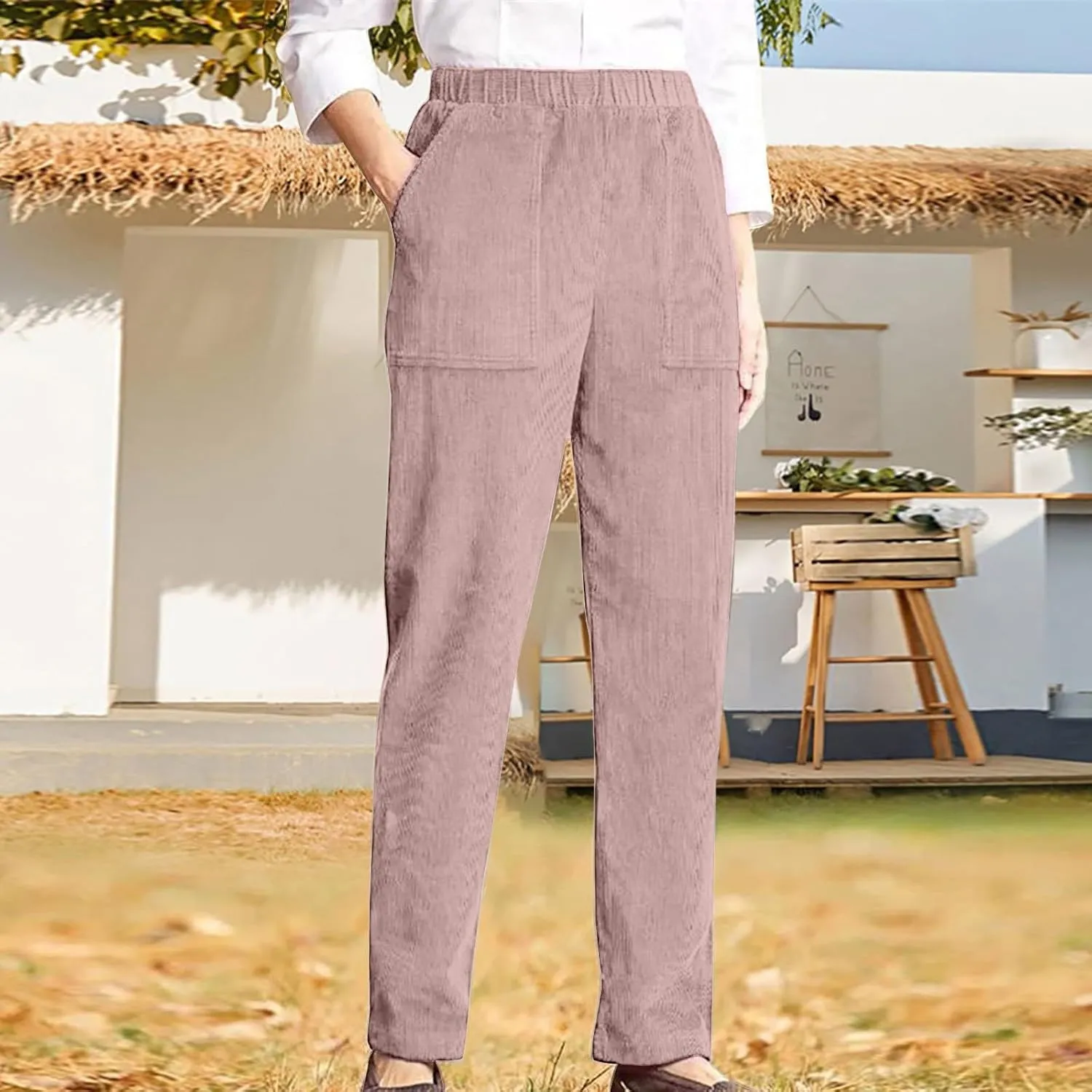 MCILLO Ladies Corduroy Pants Women Elastic High Waist Straight Leg Slacks Casual Trousers with Pocket
