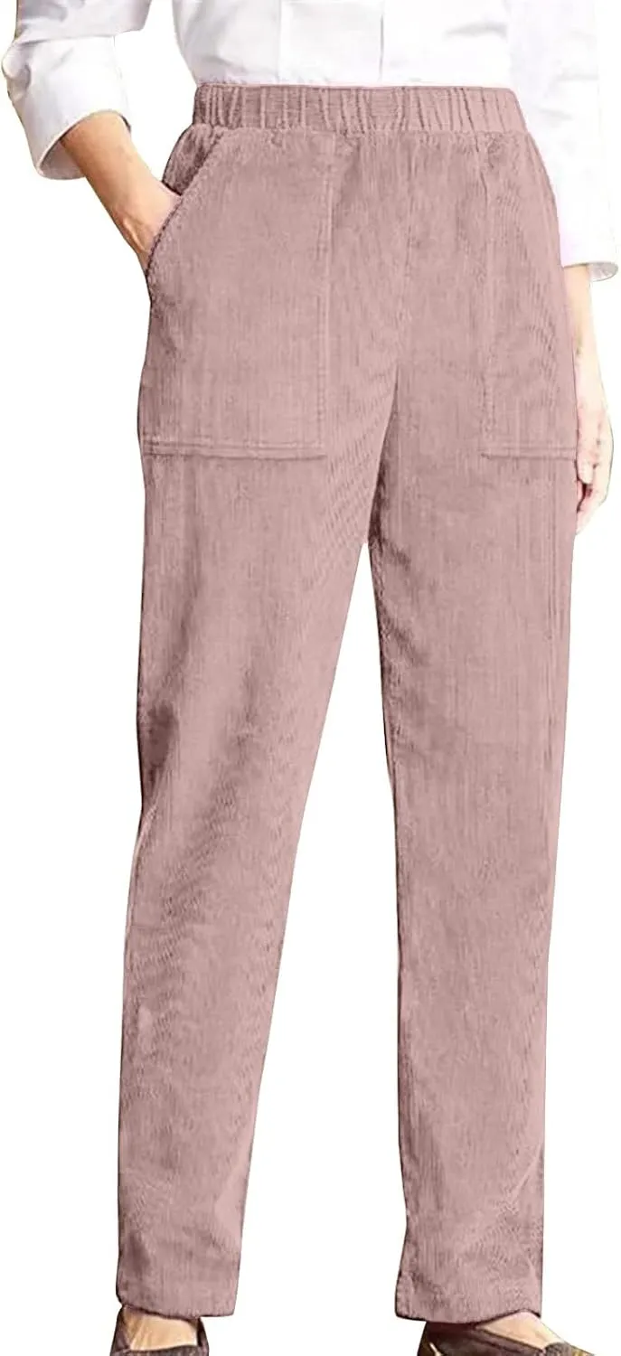 MCILLO Ladies Corduroy Pants Women Elastic High Waist Straight Leg Slacks Casual Trousers with Pocket