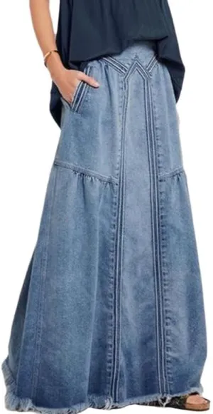 Melliflo Women's Fashion Retro Long Denim Skirt Casual Loose Elastic Waist Frayed Hem A Line Maxi Jean Skirts with Pocket