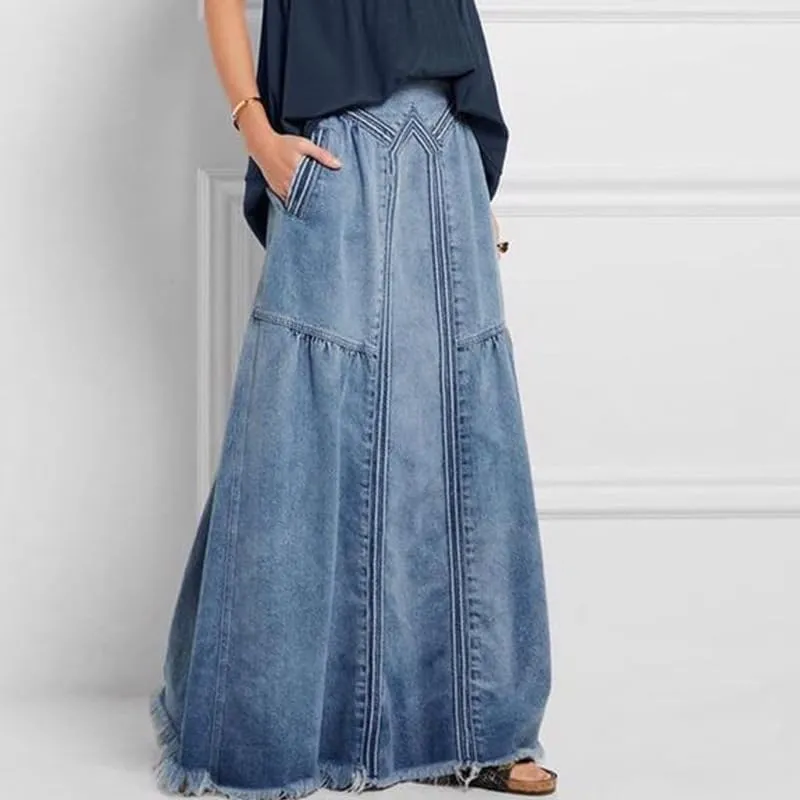 Melliflo Women's Fashion Retro Long Denim Skirt Casual Loose Elastic Waist Frayed Hem A Line Maxi Jean Skirts with Pocket