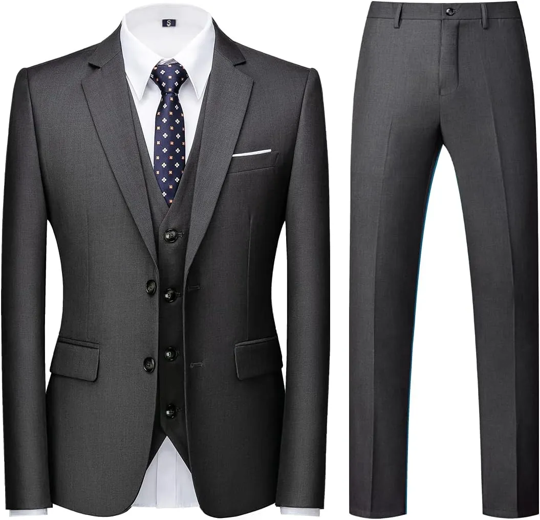 Mens 3 Piece Tuxedo Suits Slim Fit Casual Suit Blazer Two Button Wedding Prom Jackets Vest&Trousers