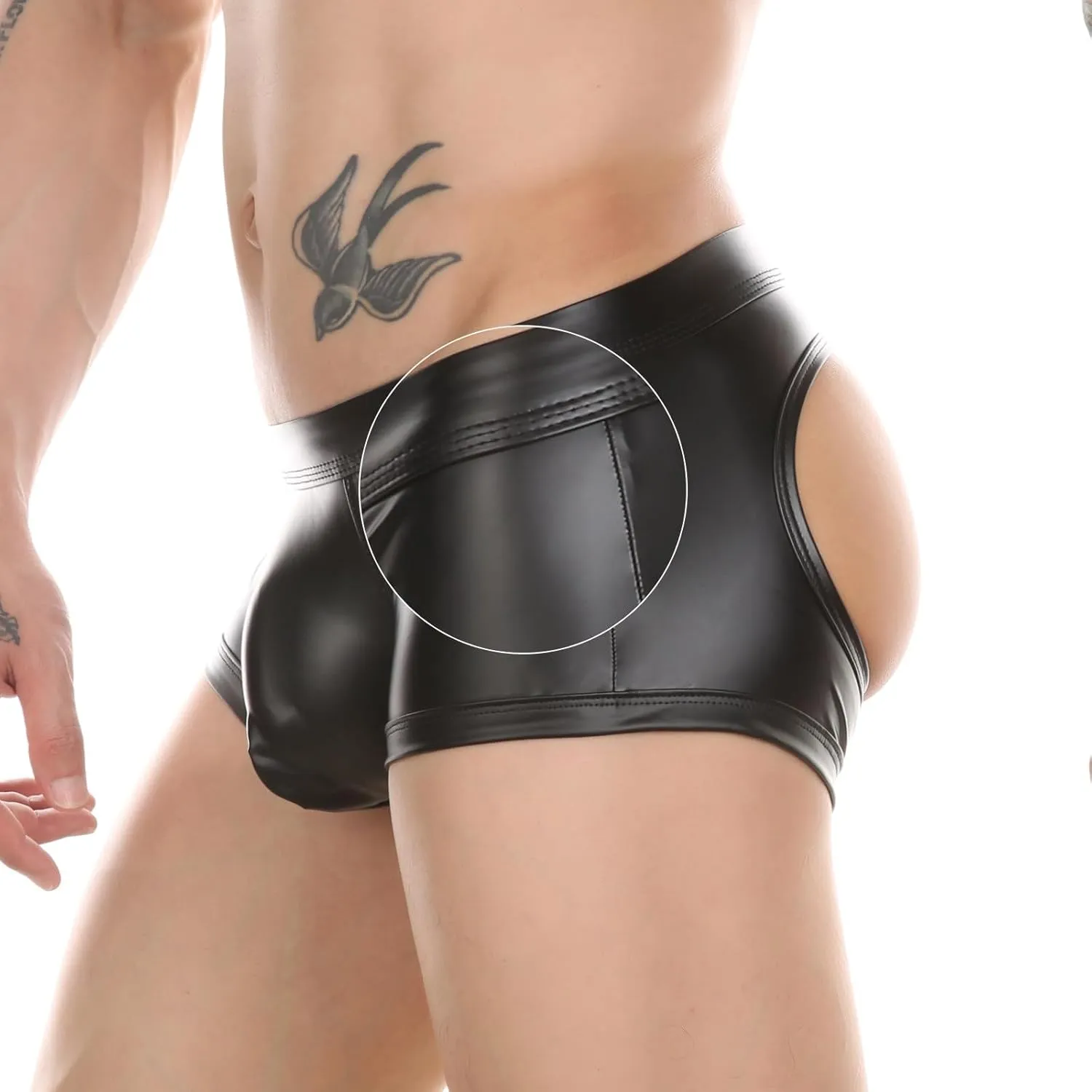 Mens Boxer Briefs Faux Leather Underwear Cut Out Open Butt Low Rise Boxer Shorts Bulge Pouch Boxer