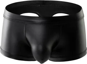 Mens Boxer Briefs Faux Leather Underwear Cut Out Open Butt Low Rise Boxer Shorts Bulge Pouch Boxer