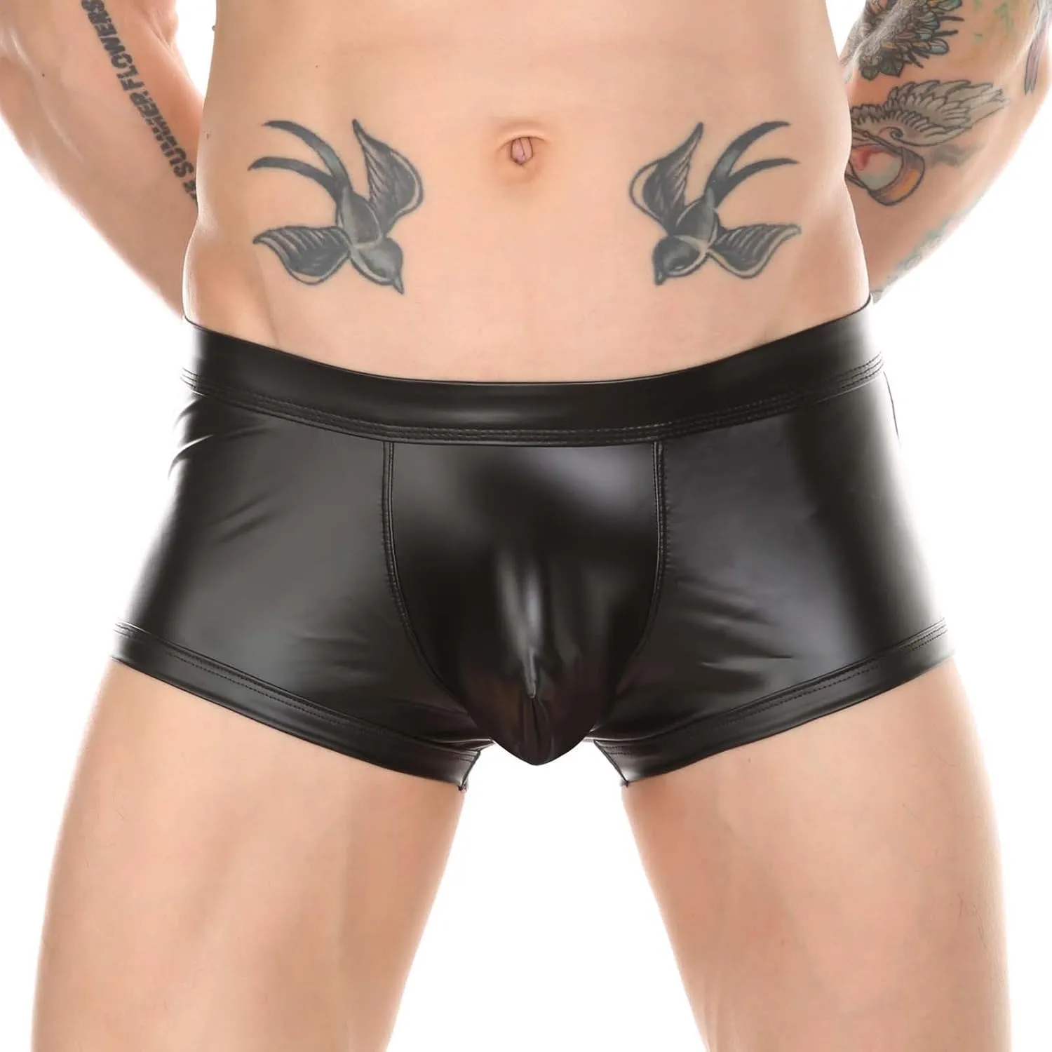 Mens Boxer Briefs Faux Leather Underwear Cut Out Open Butt Low Rise Boxer Shorts Bulge Pouch Boxer
