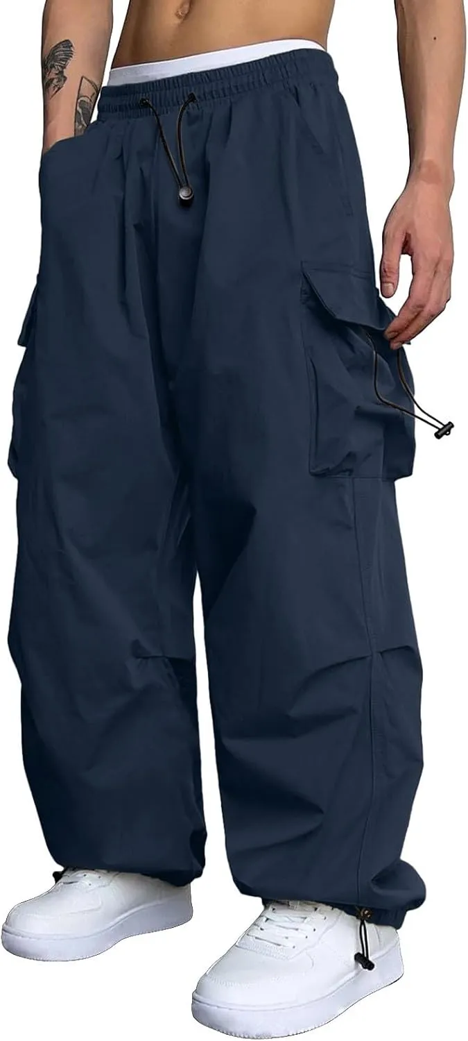 Mens Cargo Pants Casual Loose Fit Wide Leg Elasticated Waist Pant Sweatpants with Pockets