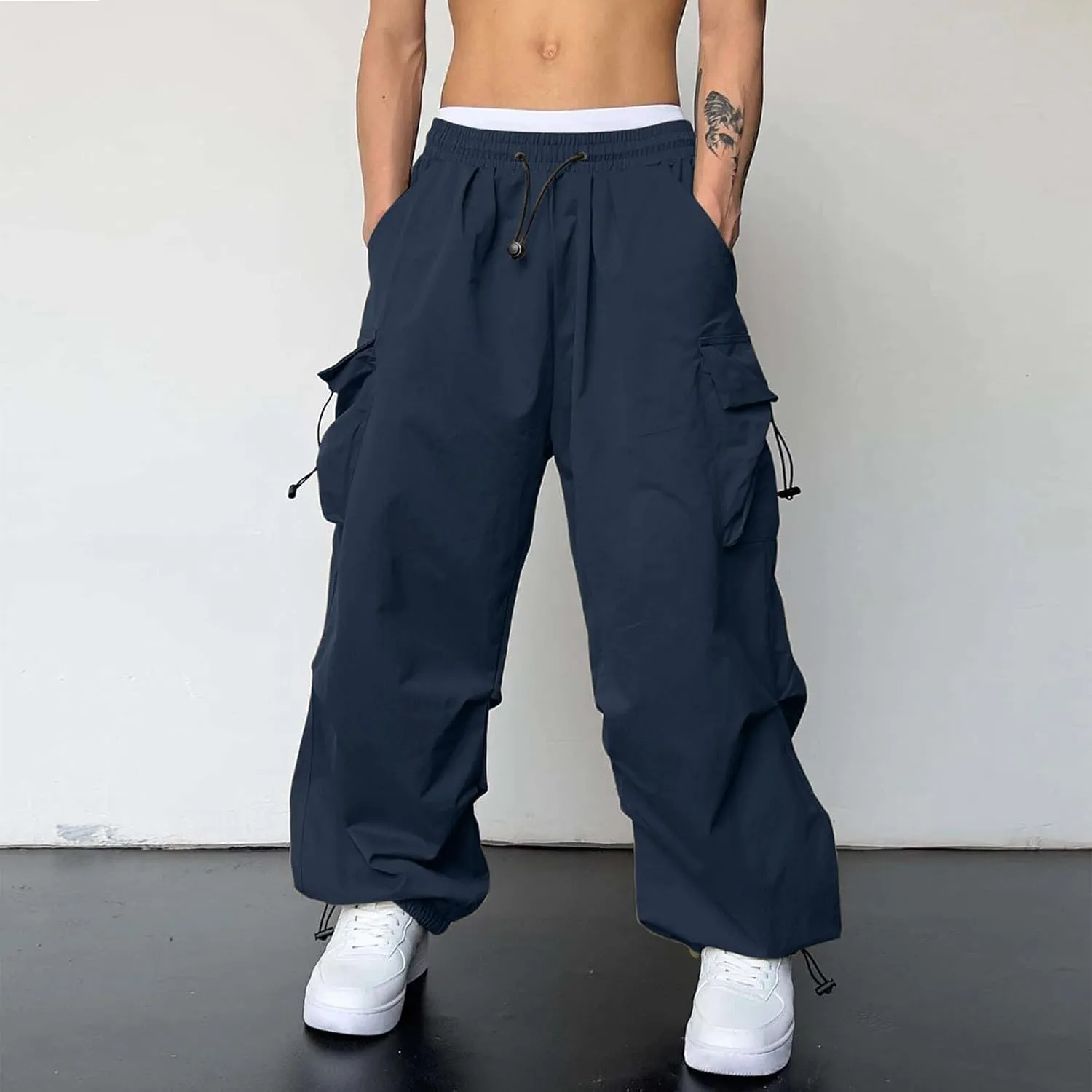 Mens Cargo Pants Casual Loose Fit Wide Leg Elasticated Waist Pant Sweatpants with Pockets