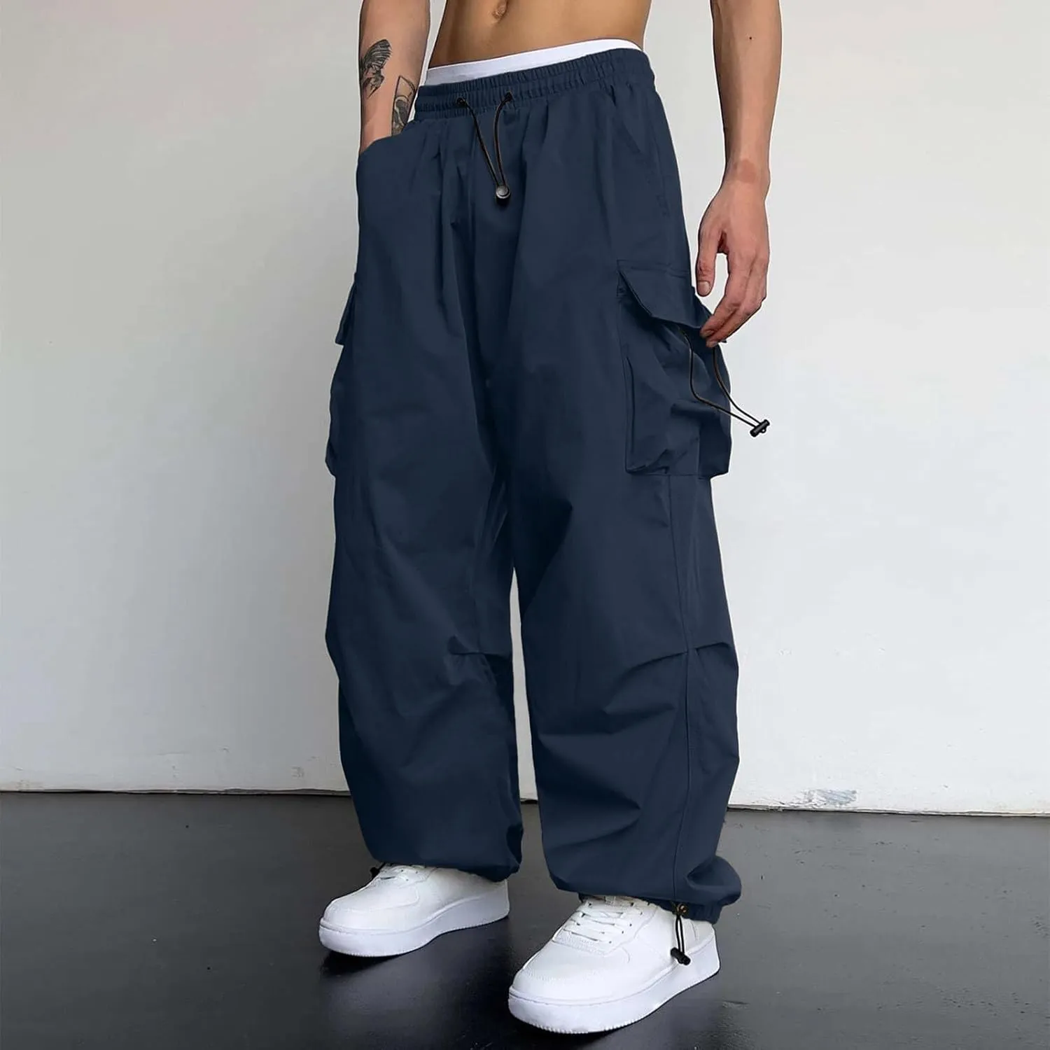Mens Cargo Pants Casual Loose Fit Wide Leg Elasticated Waist Pant Sweatpants with Pockets