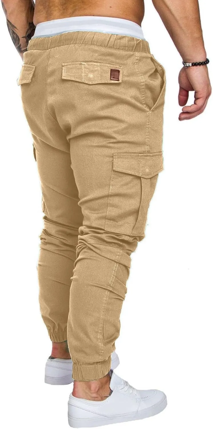 Mens Cargo Pants Slim Fit Drawstring Stretch Joggers Tapered Causal Fashion Solid Athletic Sweatpants Fall Trousers