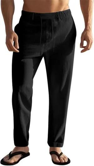 Mens Casual Pants Drawstring Elastic Waist Beach Pants Straight Leg Yoga Pants with Pockets Cropped Sweat Pant Slacks