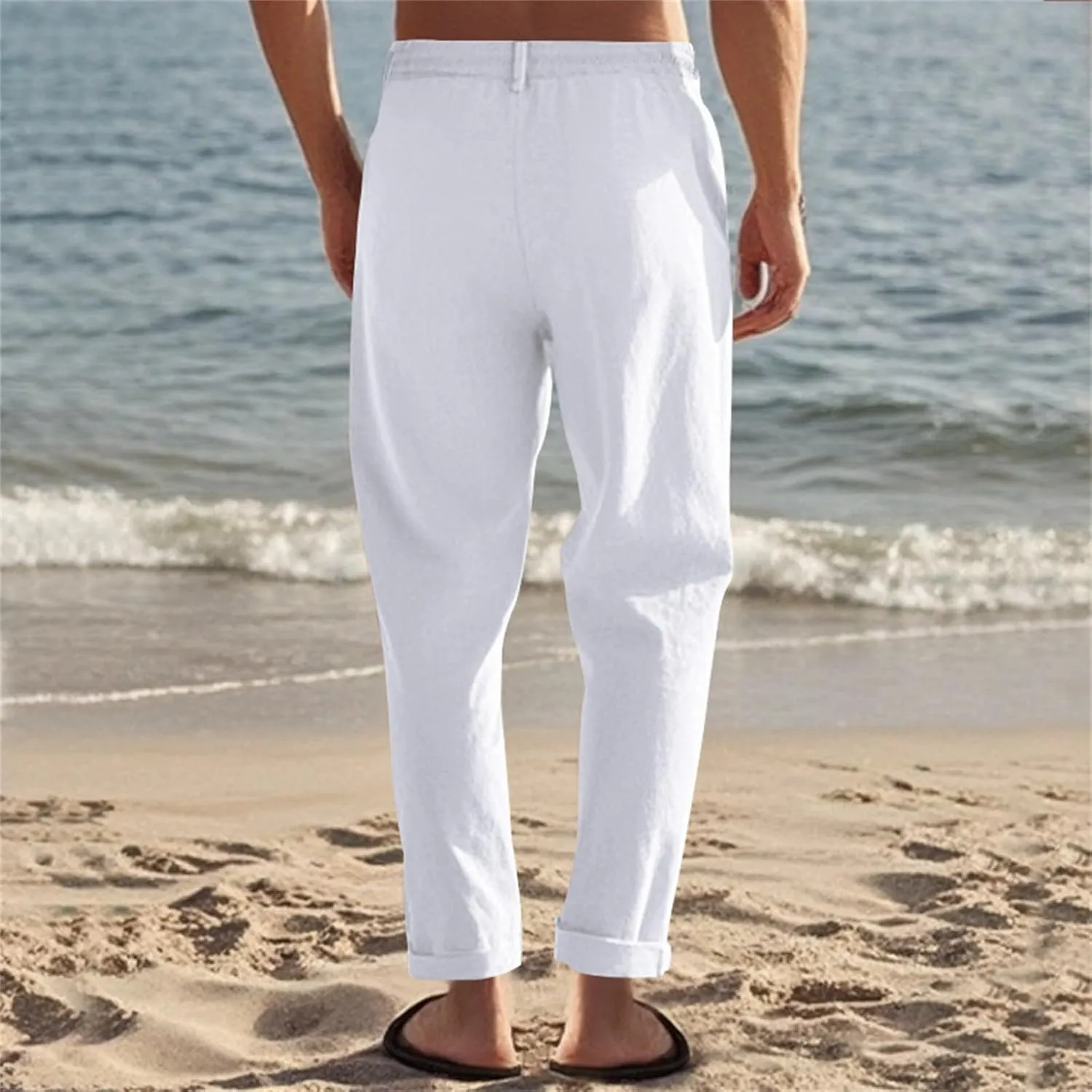 Mens Casual Pants Drawstring Elastic Waist Beach Pants Straight Leg Yoga Pants with Pockets Cropped Sweat Pant Slacks