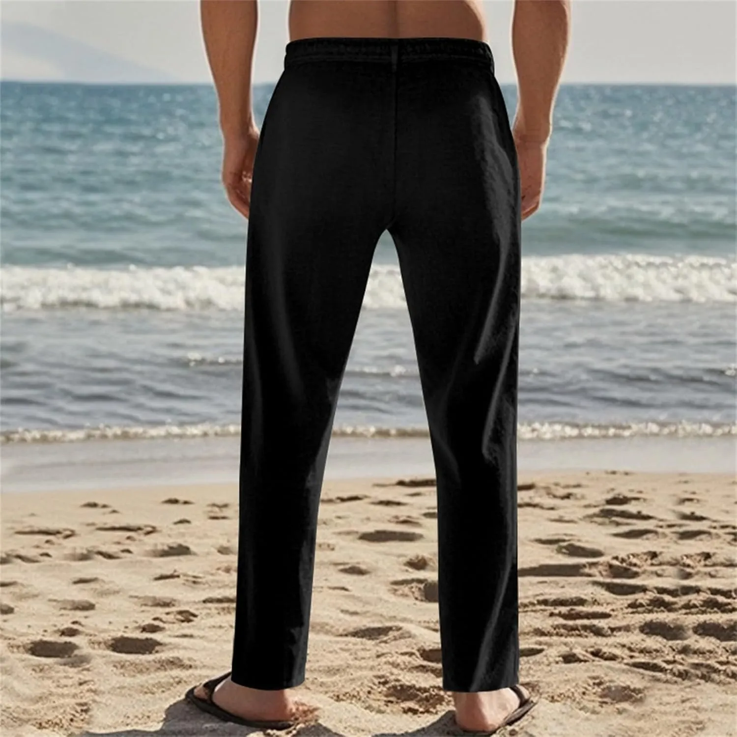 Mens Casual Pants Drawstring Elastic Waist Beach Pants Straight Leg Yoga Pants with Pockets Cropped Sweat Pant Slacks