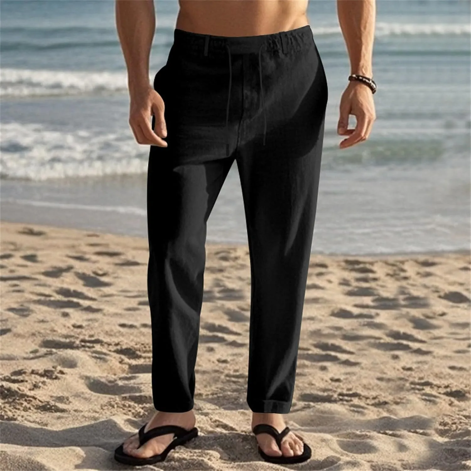 Mens Casual Pants Drawstring Elastic Waist Beach Pants Straight Leg Yoga Pants with Pockets Cropped Sweat Pant Slacks