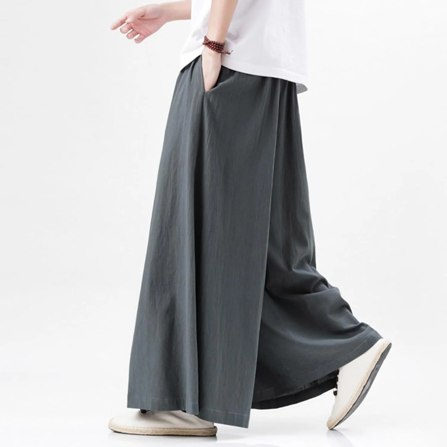 Men's Cotton Linen Harem Pants Linen Japanese Breathable Hip Hop Baggy Skirt Pants Capri Pant