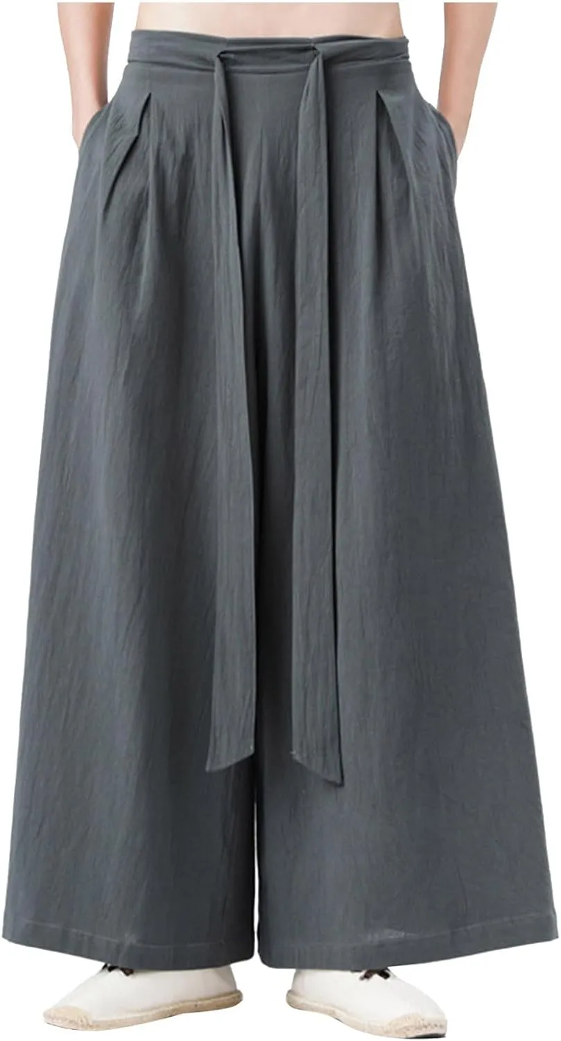 Men's Cotton Linen Harem Pants Linen Japanese Breathable Hip Hop Baggy Skirt Pants Capri Pant