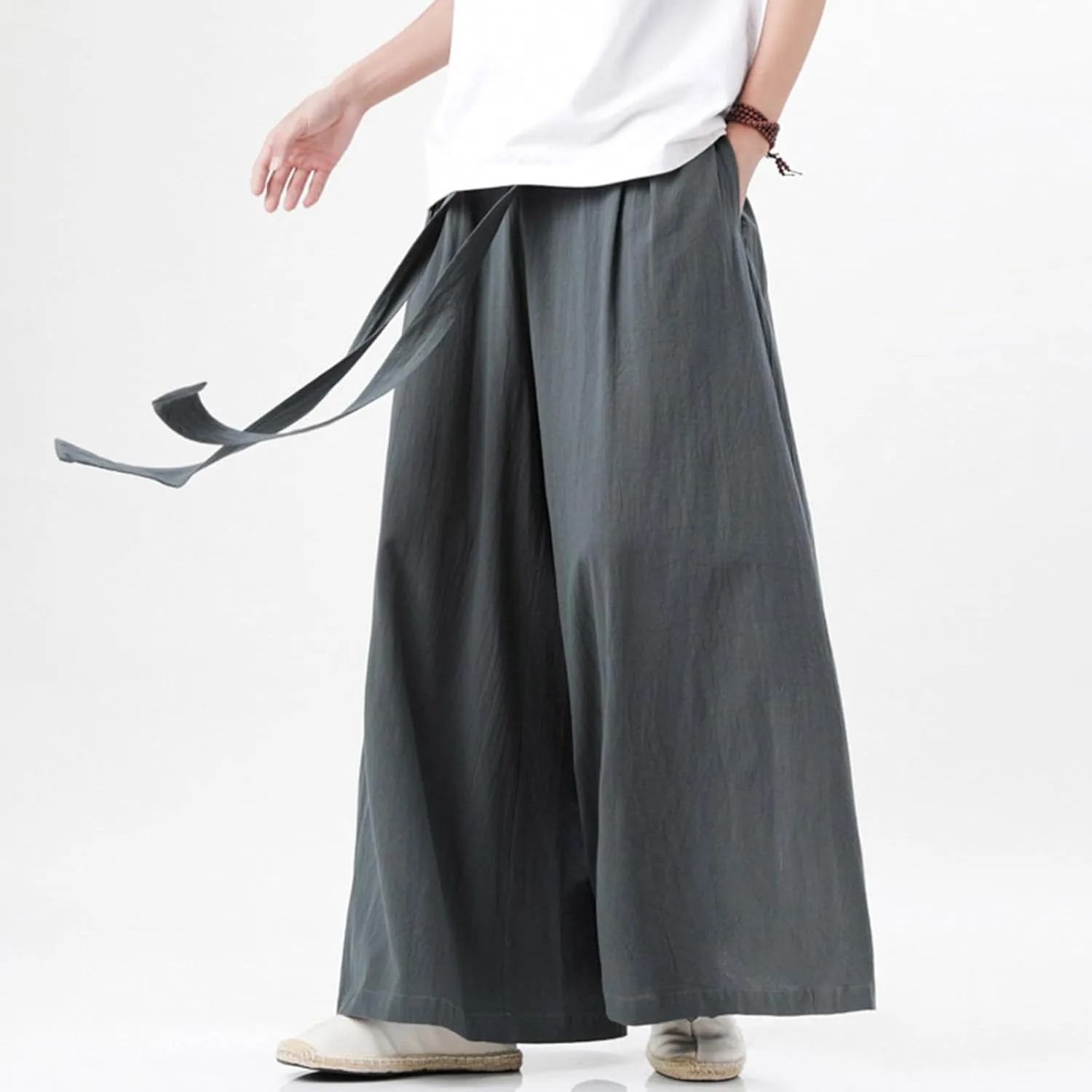 Men's Cotton Linen Harem Pants Linen Japanese Breathable Hip Hop Baggy Skirt Pants Capri Pant