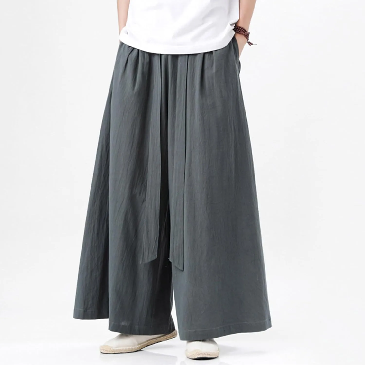 Men's Cotton Linen Harem Pants Linen Japanese Breathable Hip Hop Baggy Skirt Pants Capri Pant