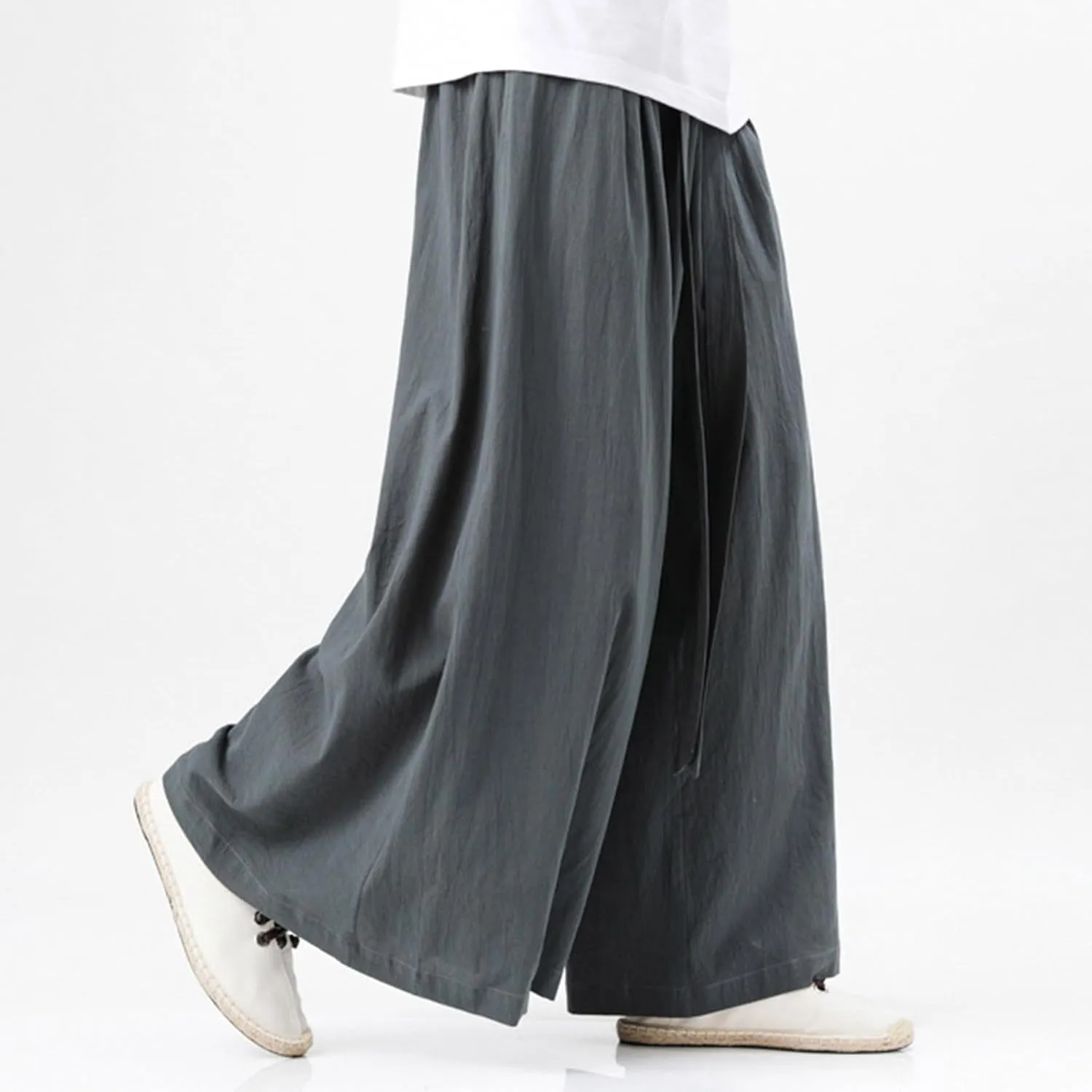 Men's Cotton Linen Harem Pants Linen Japanese Breathable Hip Hop Baggy Skirt Pants Capri Pant