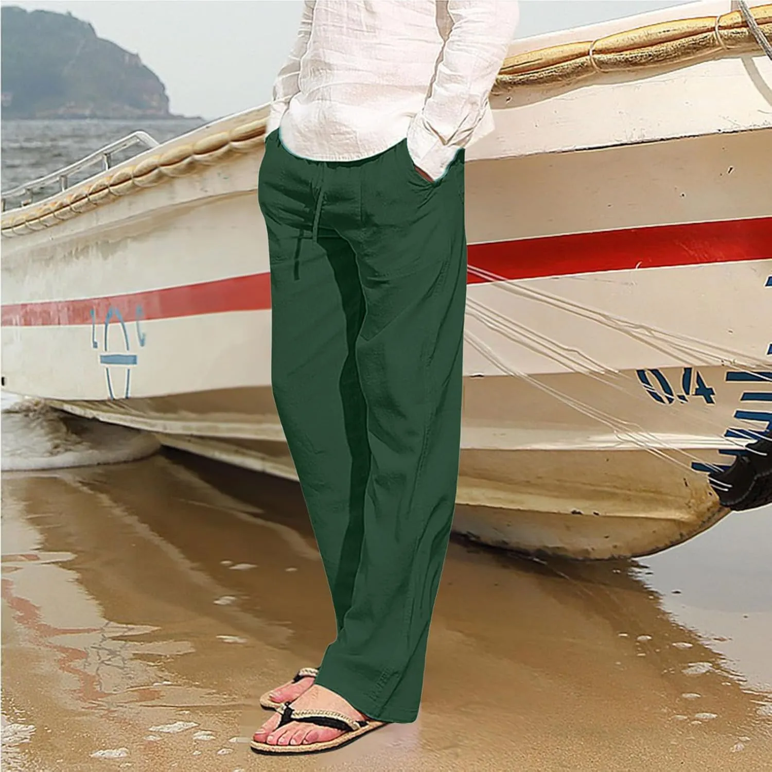 Mens Cotton Linen Pants Solid Color Summer Breathable Trouser Straight Leg Tactical Pants with Multi Pockets