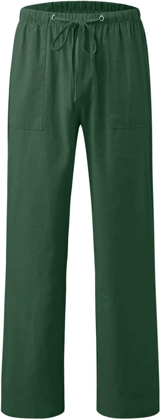 Mens Cotton Linen Pants Solid Color Summer Breathable Trouser Straight Leg Tactical Pants with Multi Pockets