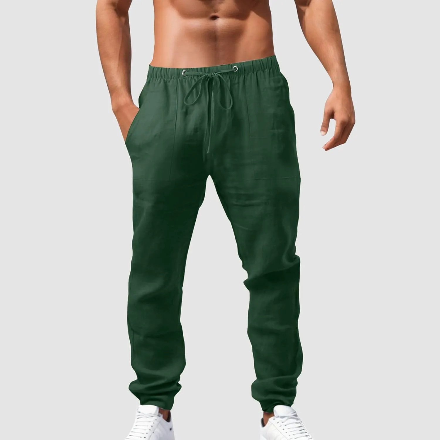 Mens Cotton Linen Pants Solid Color Summer Breathable Trouser Straight Leg Tactical Pants with Multi Pockets