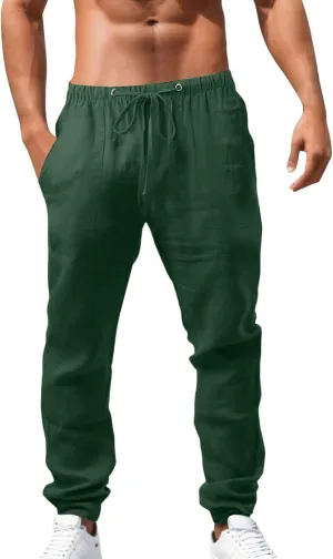 Mens Cotton Linen Pants Solid Color Summer Breathable Trouser Straight Leg Tactical Pants with Multi Pockets