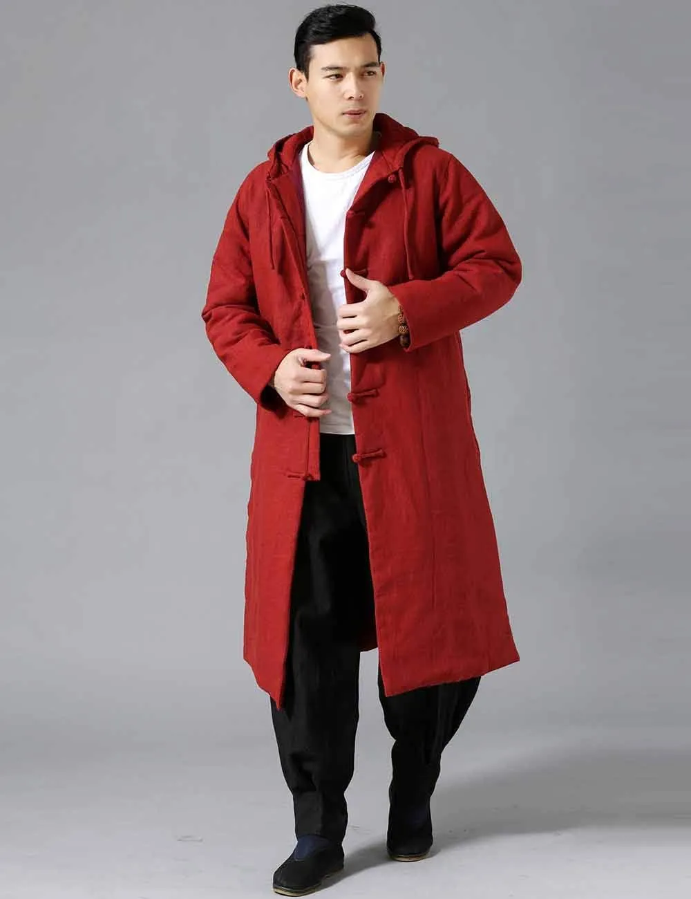 Mens Cotton Padded Winter Jacket Hooded Warm Parka Coat Chinese Style Long Trench Windbreakers