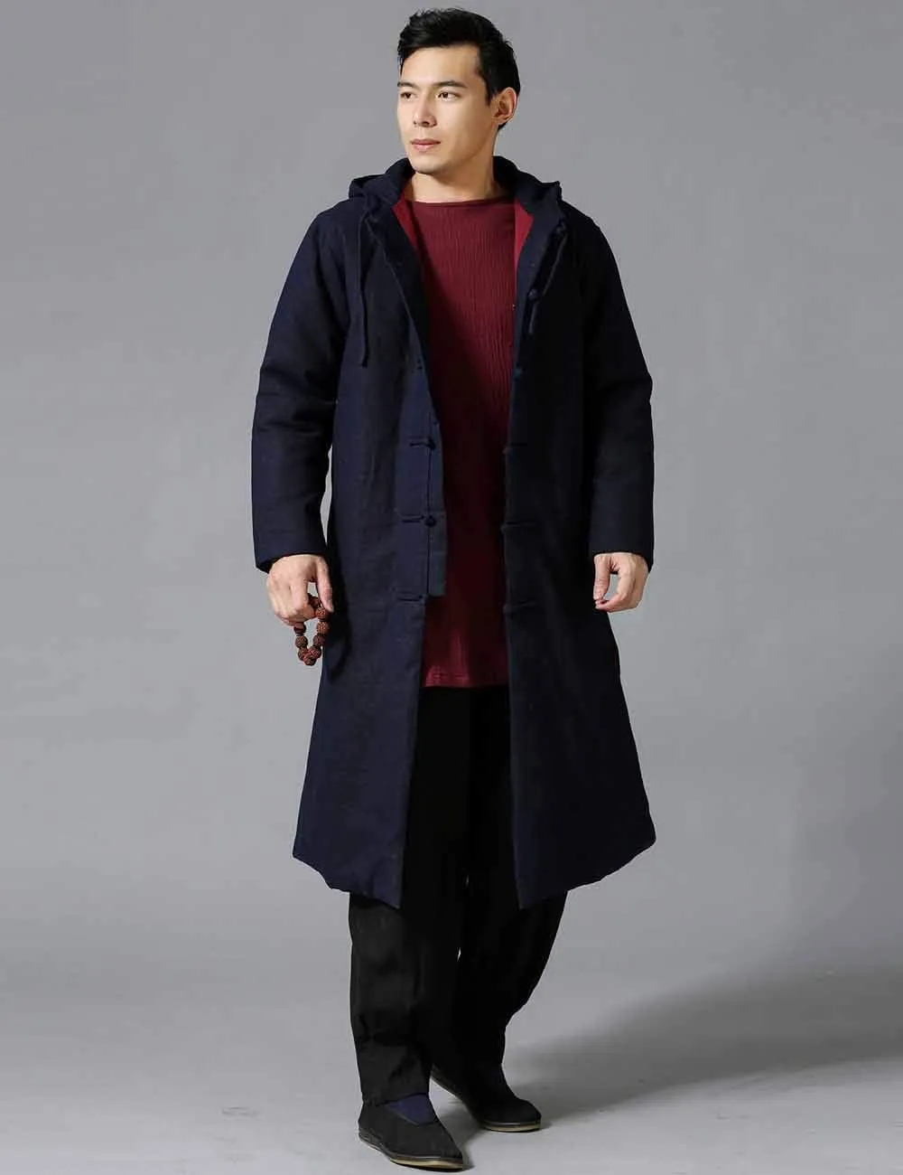 Mens Cotton Padded Winter Jacket Hooded Warm Parka Coat Chinese Style Long Trench Windbreakers