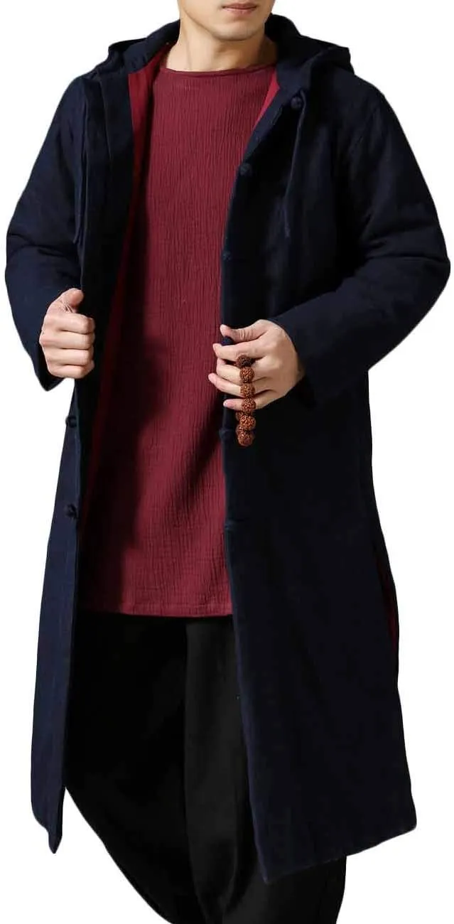 Mens Cotton Padded Winter Jacket Hooded Warm Parka Coat Chinese Style Long Trench Windbreakers