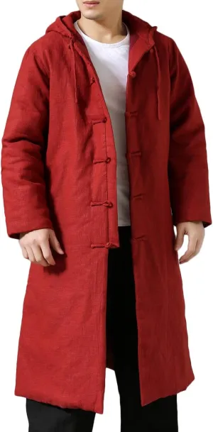 Mens Cotton Padded Winter Jacket Hooded Warm Parka Coat Chinese Style Long Trench Windbreakers