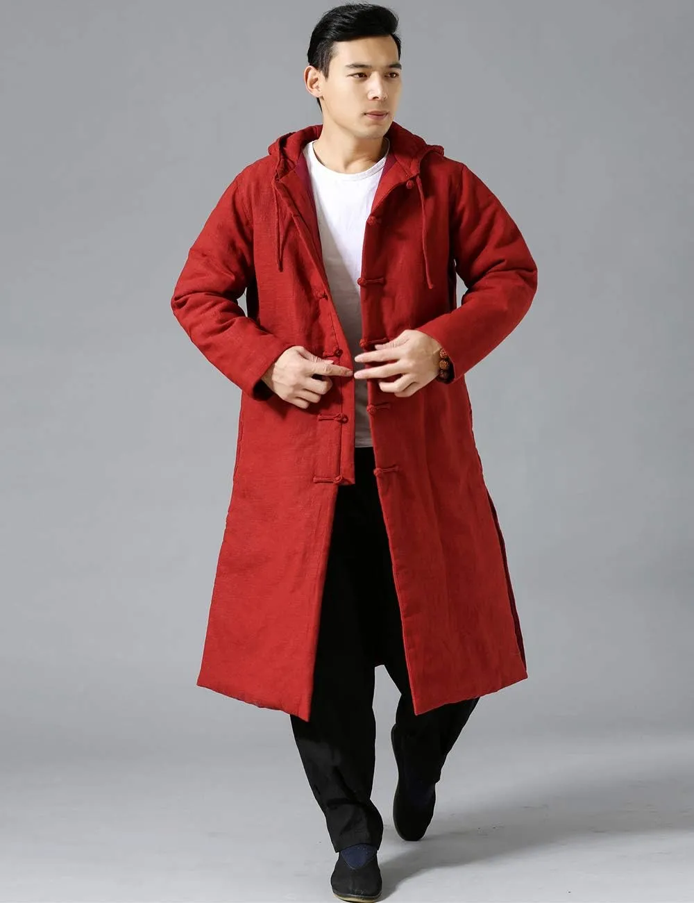 Mens Cotton Padded Winter Jacket Hooded Warm Parka Coat Chinese Style Long Trench Windbreakers