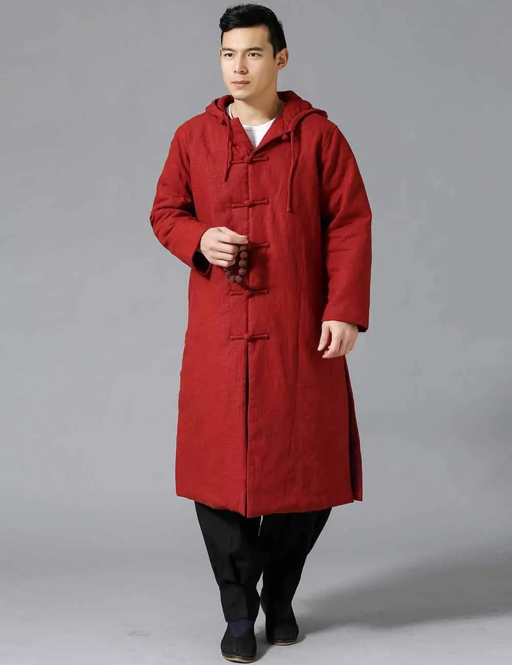 Mens Cotton Padded Winter Jacket Hooded Warm Parka Coat Chinese Style Long Trench Windbreakers