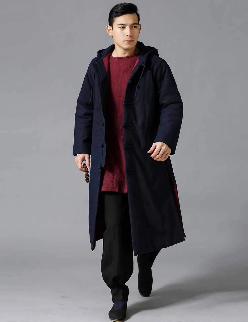Mens Cotton Padded Winter Jacket Hooded Warm Parka Coat Chinese Style Long Trench Windbreakers