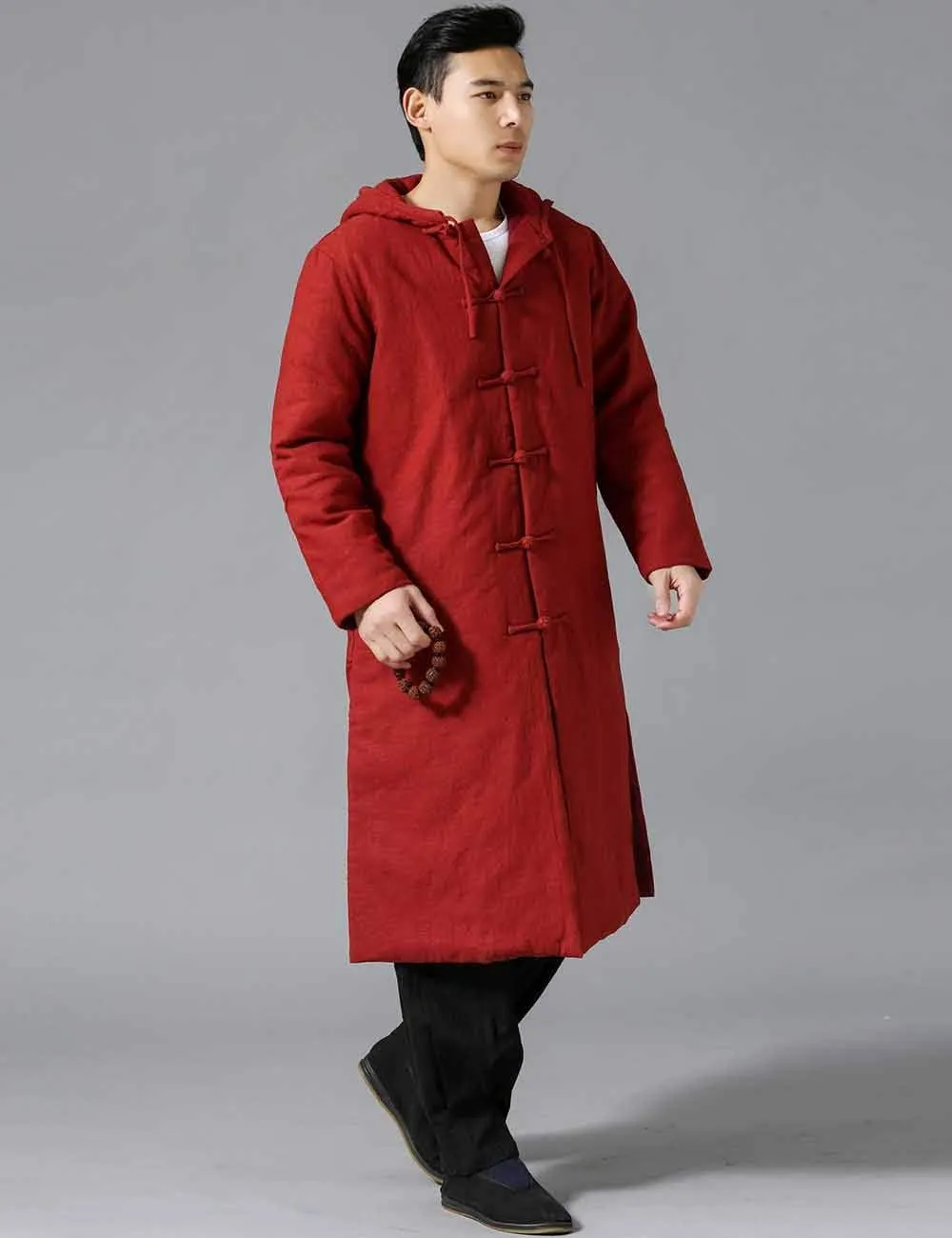 Mens Cotton Padded Winter Jacket Hooded Warm Parka Coat Chinese Style Long Trench Windbreakers