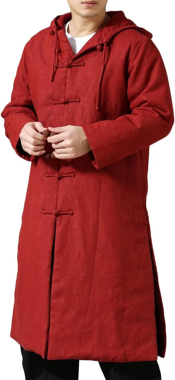 Mens Cotton Padded Winter Jacket Hooded Warm Parka Coat Chinese Style Long Trench Windbreakers