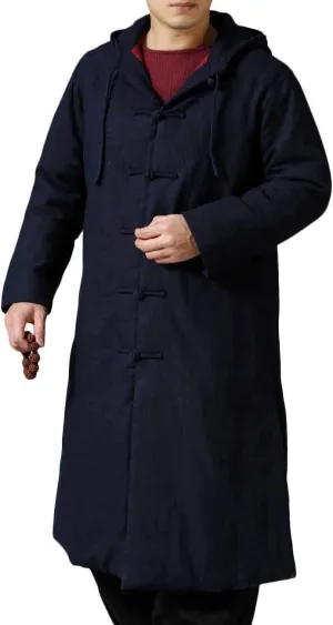 Mens Cotton Padded Winter Jacket Hooded Warm Parka Coat Chinese Style Long Trench Windbreakers