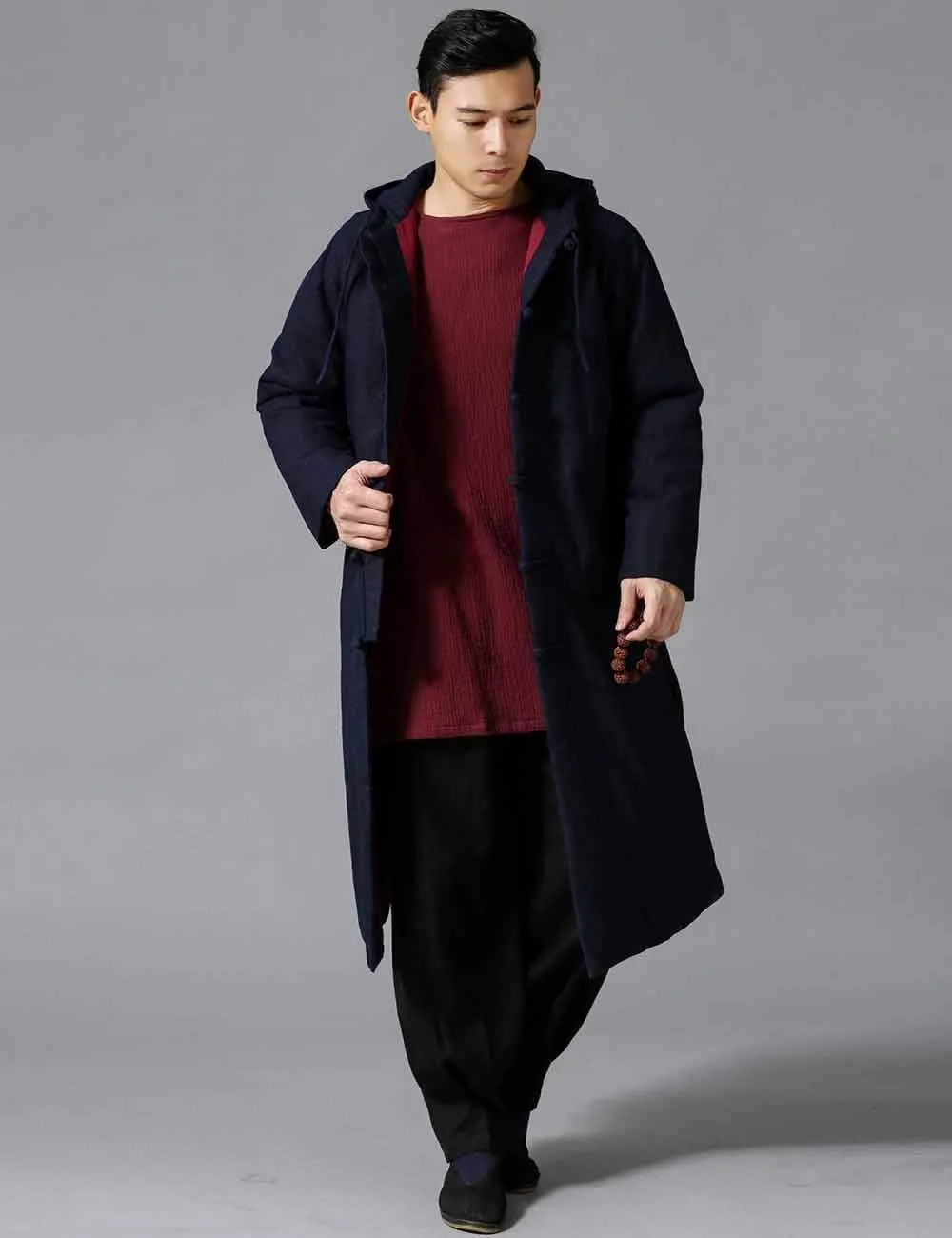 Mens Cotton Padded Winter Jacket Hooded Warm Parka Coat Chinese Style Long Trench Windbreakers