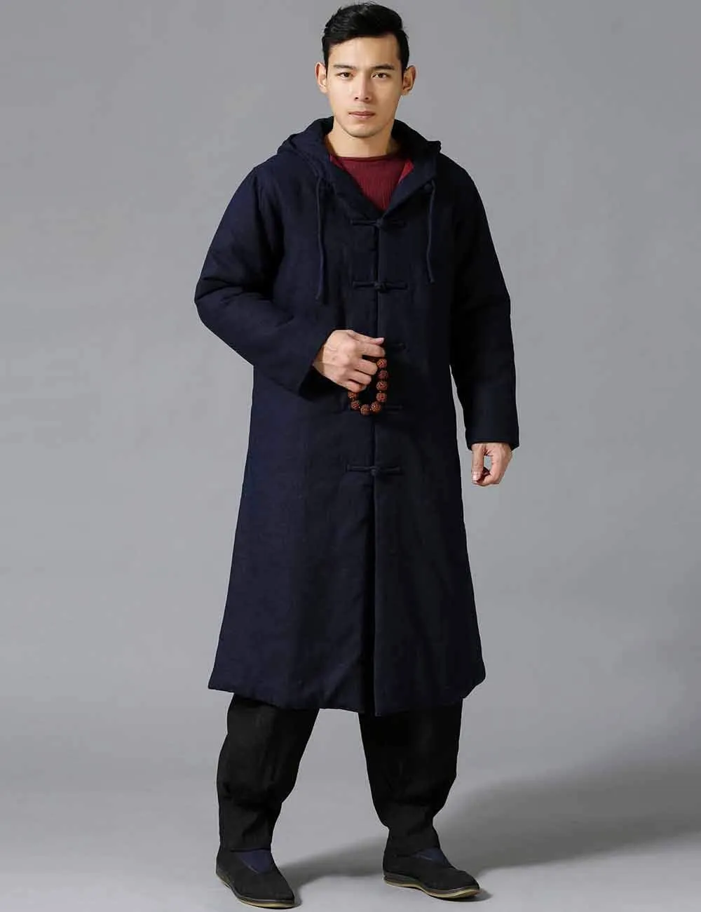 Mens Cotton Padded Winter Jacket Hooded Warm Parka Coat Chinese Style Long Trench Windbreakers