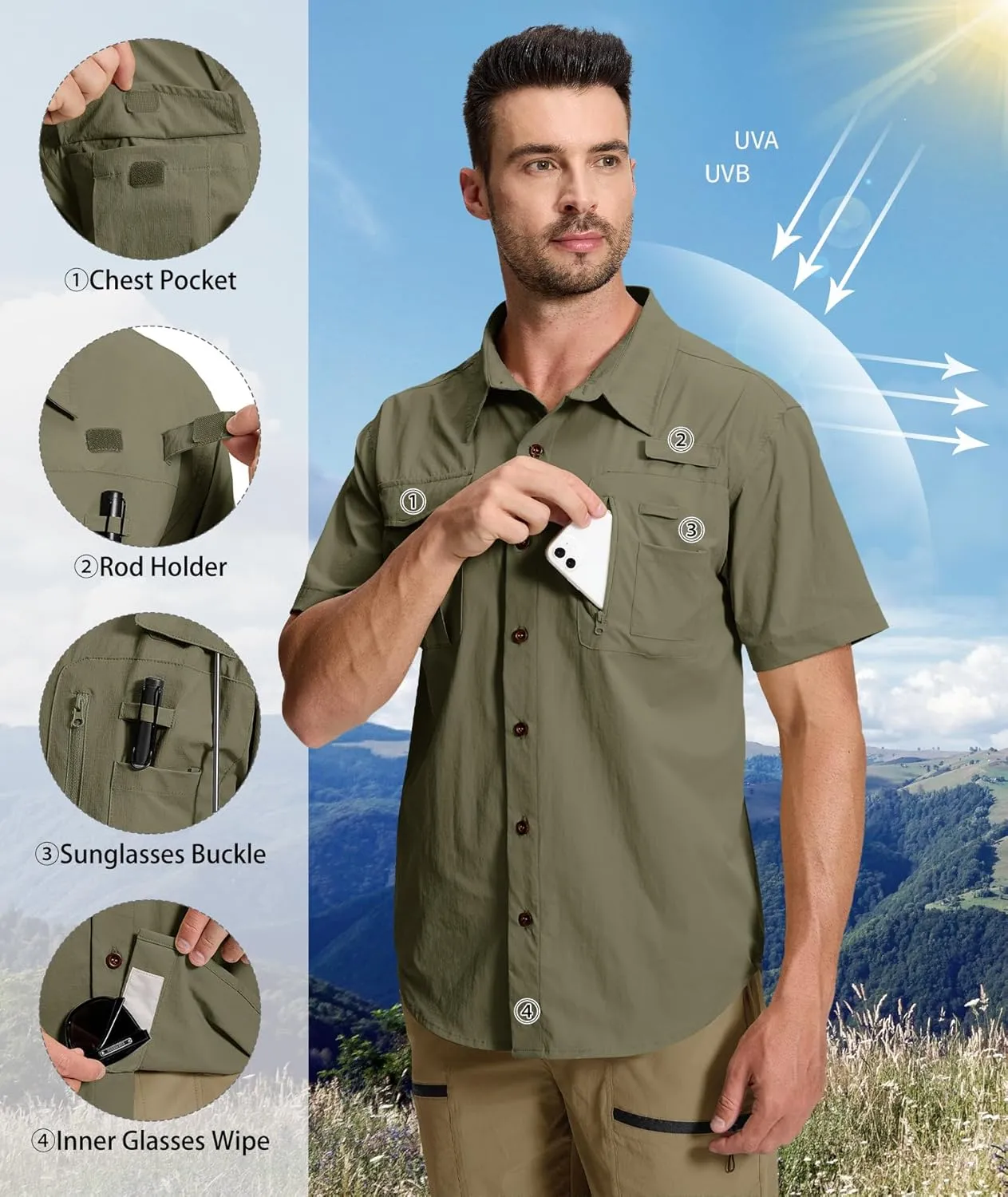 Men's Fishing Shirt Sun Protection Short Sleeve Cooling Button Down Shirts for Hiking Travel