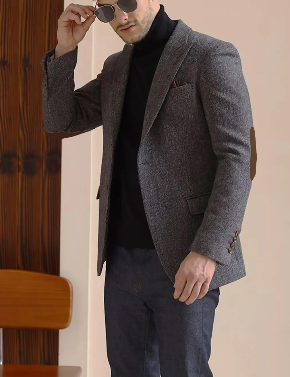 Men's Herringbone Casual Blazer Elbow Patch Fashion Sport Coats Single Breasted Formal Jacket Coat