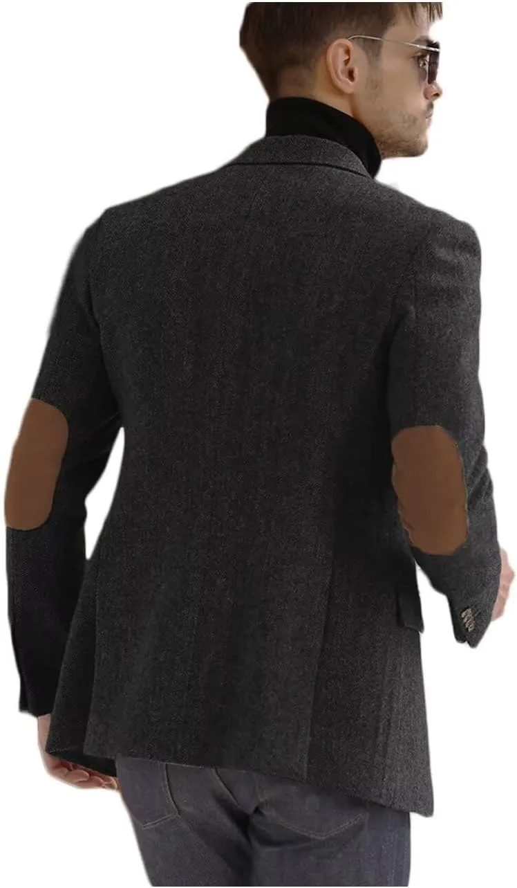Men's Herringbone Casual Blazer Elbow Patch Fashion Sport Coats Single Breasted Formal Jacket Coat