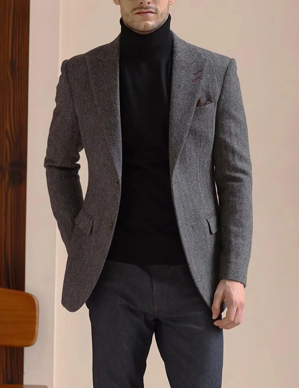 Men's Herringbone Casual Blazer Elbow Patch Fashion Sport Coats Single Breasted Formal Jacket Coat