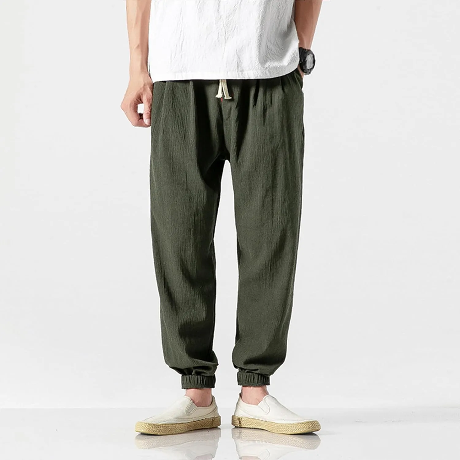 Mens Lantern Casual Pants Loose Fit Hiking Trousers Cotton Linen Trendy Harlen Pants Drawstring Waist Tapered Pants