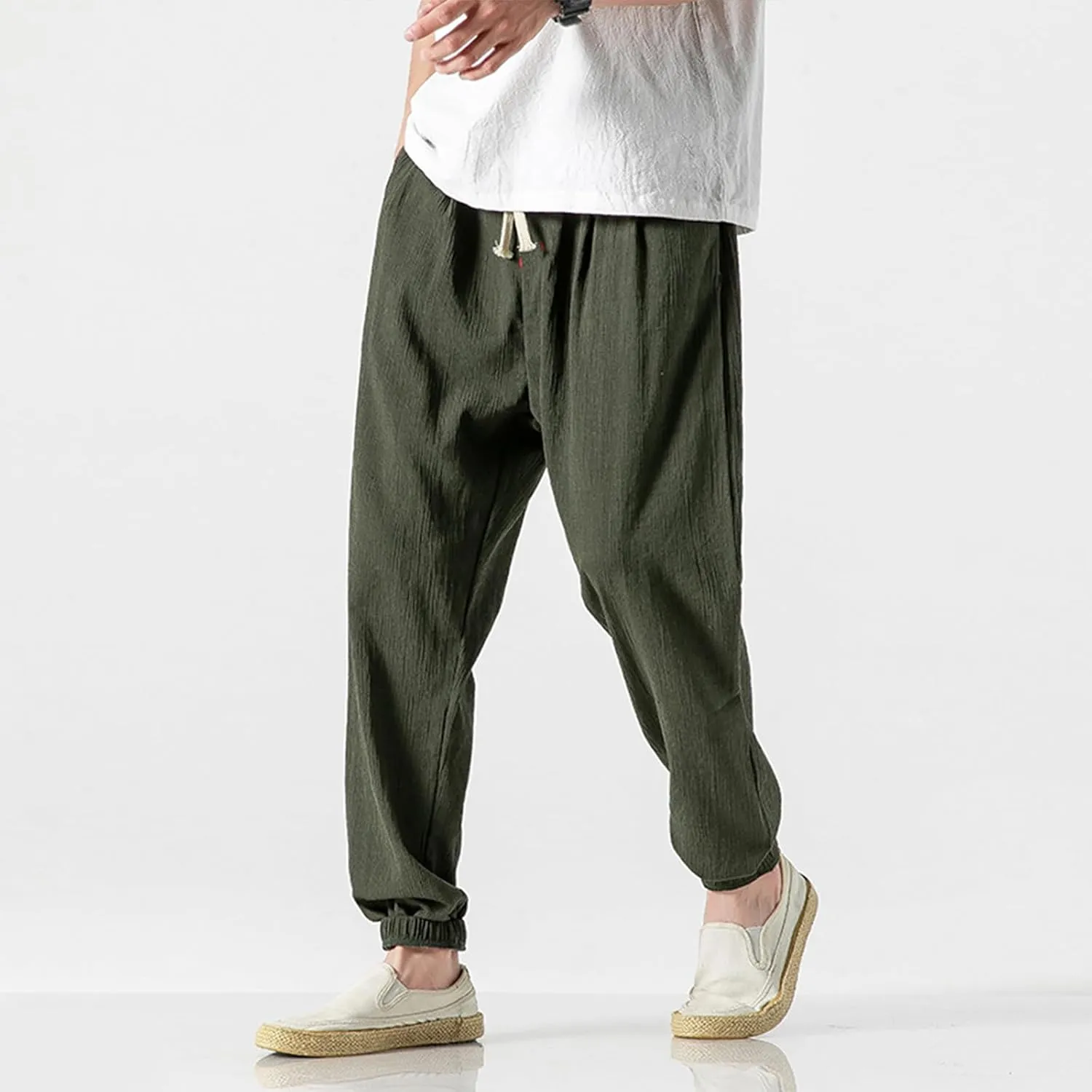 Mens Lantern Casual Pants Loose Fit Hiking Trousers Cotton Linen Trendy Harlen Pants Drawstring Waist Tapered Pants