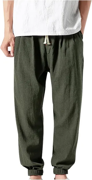 Mens Lantern Casual Pants Loose Fit Hiking Trousers Cotton Linen Trendy Harlen Pants Drawstring Waist Tapered Pants
