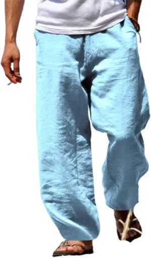 Men's Linen Pants Summer Beach Pant Casual Solid Drawstring Yoga Pants Trousers