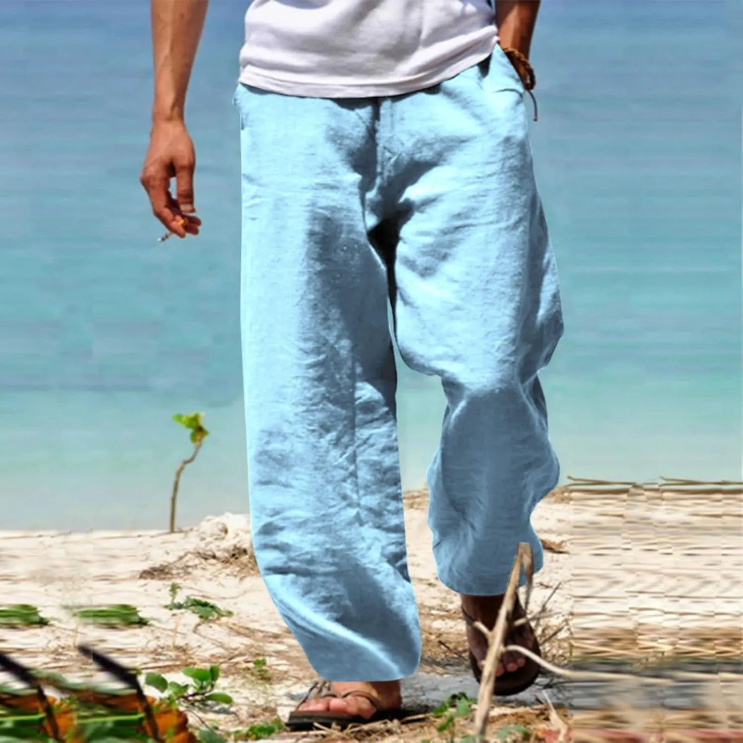 Men's Linen Pants Summer Beach Pant Casual Solid Drawstring Yoga Pants Trousers