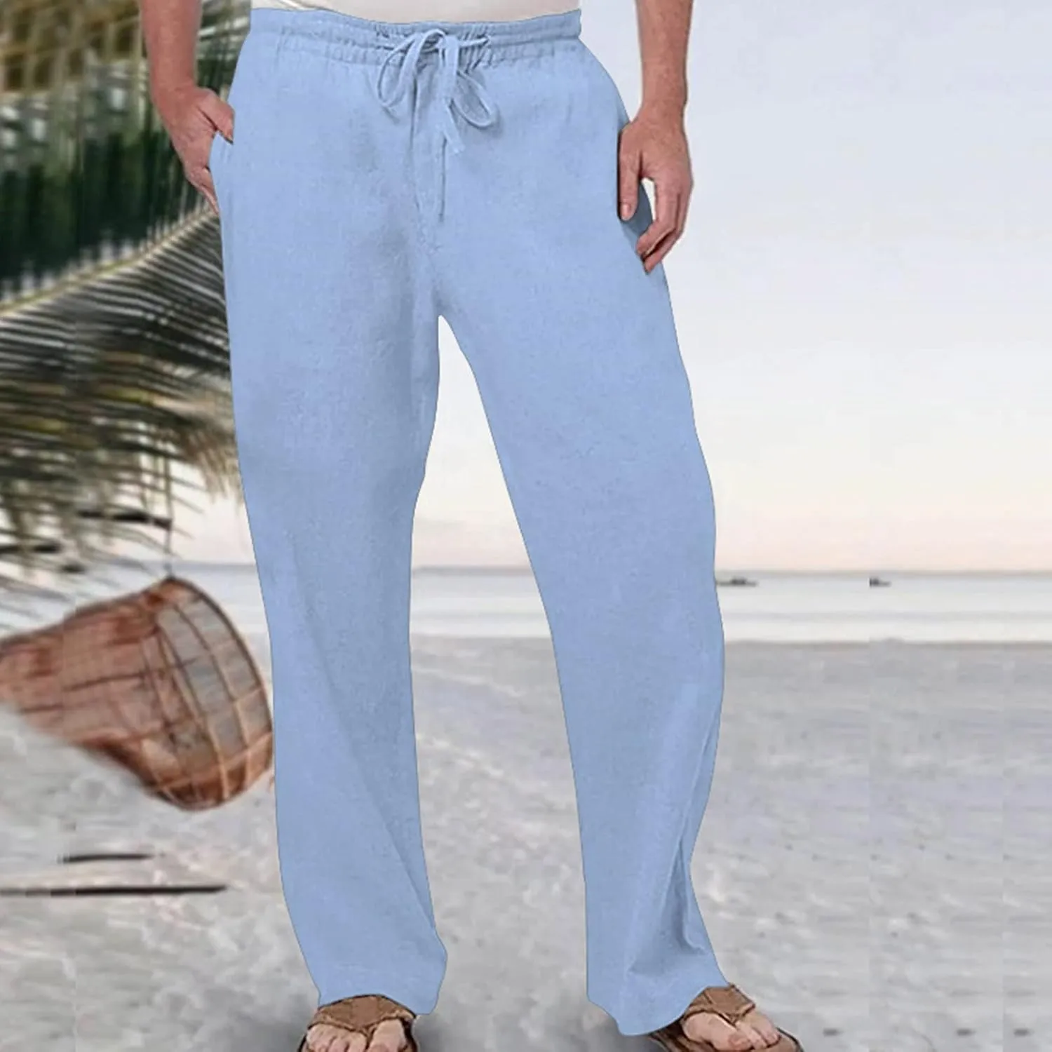 Men's Linen Pants Wide Straight Leg Joggers Regular Fit Pants Outdoor Hiking Trousers Summer Beach Yoga Pant